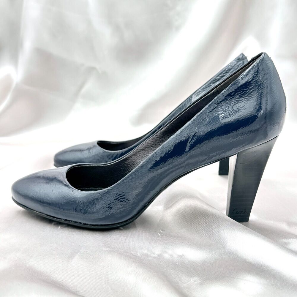 Coach Sherri Navy Blue Patent Leather High Block Heel Pumps - Sz 8.5B